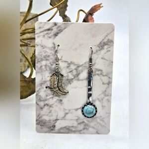 "5/$25" Mismatched Western Cowboy Boot Pewter Finish Turquoise Dangle Earrings